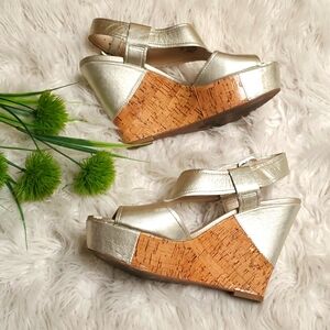 Franco Sarto A - Xenon Leather Gold Metallic Cork Wedges Sandals Size 8.5